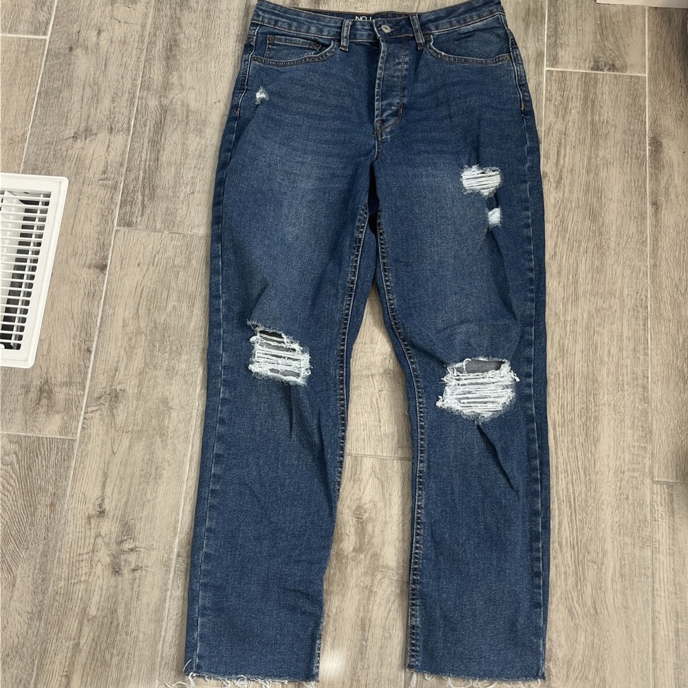 NO Boundaries Juniors Loose Fit Distressed‎ Med Wash Stretch Jeans Raw Hem Sz 7